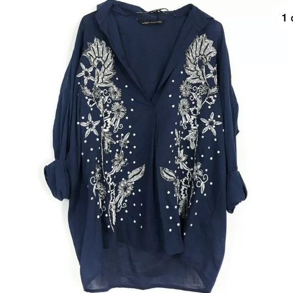 Zara Woman Navy Embroidered Floral Print V Neck Blouse - Picture 2 of 5